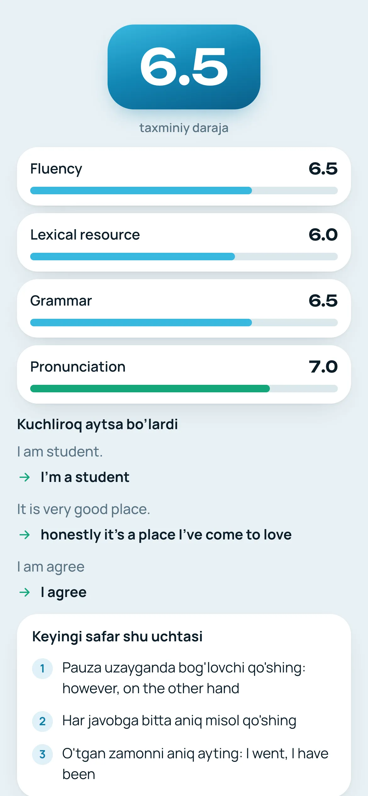 IELTS Speaking javobi uchun taxminiy ball 6.5 va toʻrt mezon boʻyicha baho